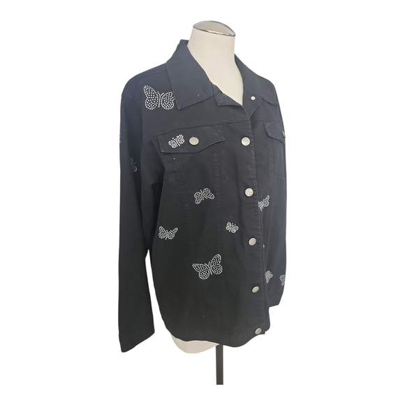 Quaker Factory Butterfly Black Denim Studded Jacket Silver Buttons Bling Small - Picture 1 of 10